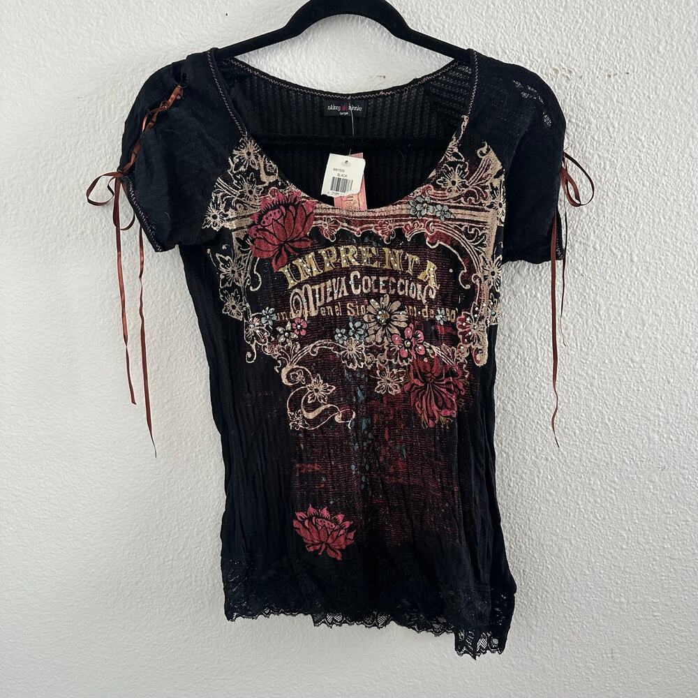 Skinny Minnie Y2K Scoop Neck Graphic Short Sleeve Top Black Size Large NWT